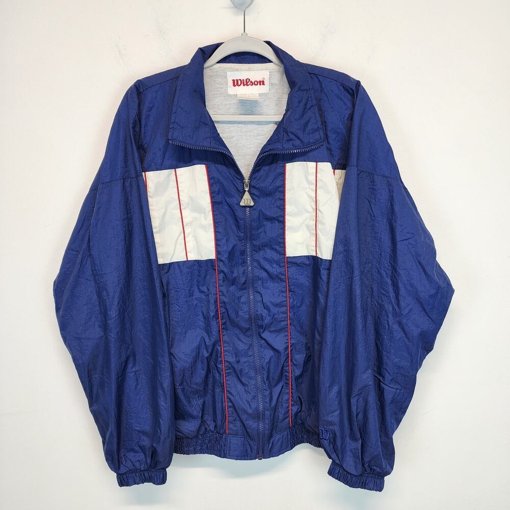 Wilson Mens Track Warmup Jacket Size XL Blue White Classic Lined Retro Vintage